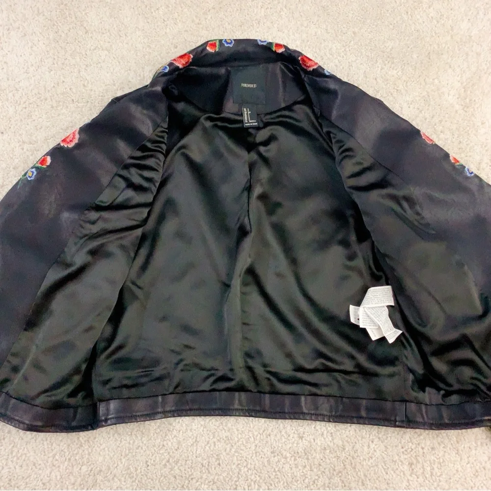 Floral Embroidered Black Faux Leather Biker Jacket - Picture 7 of 10